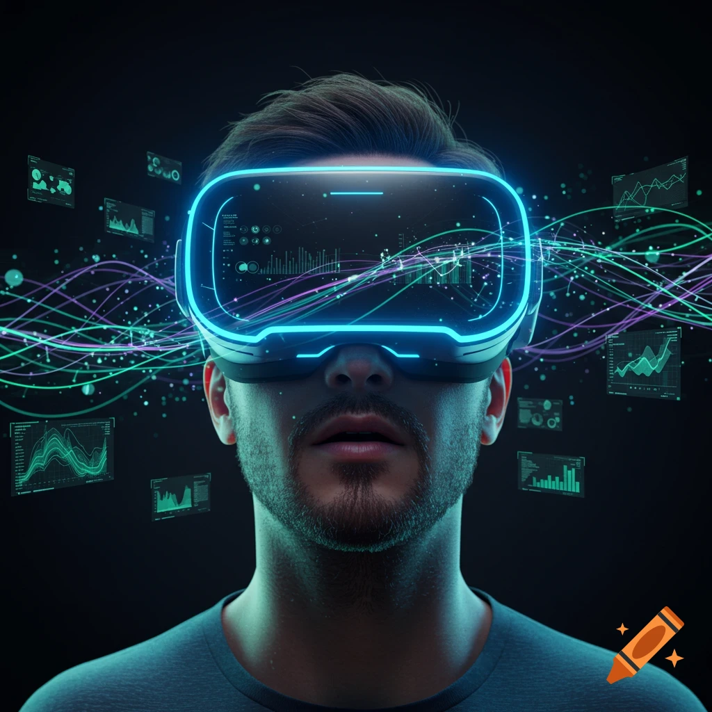 Man in a glowing virtual reality headset surrounded by swirling neon data visualizations on a dark background.