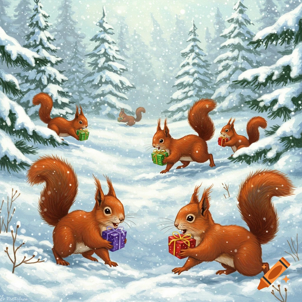 Cute illustrated red squirrels carrying colorful Christmas gifts in a snowy forest with falling snow.