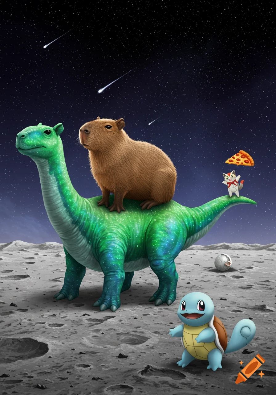 A capybara rides a glowing green space dinosaur on the moon, with Squirtle, a cat holding a pizza, and shooting stars in the night sky.