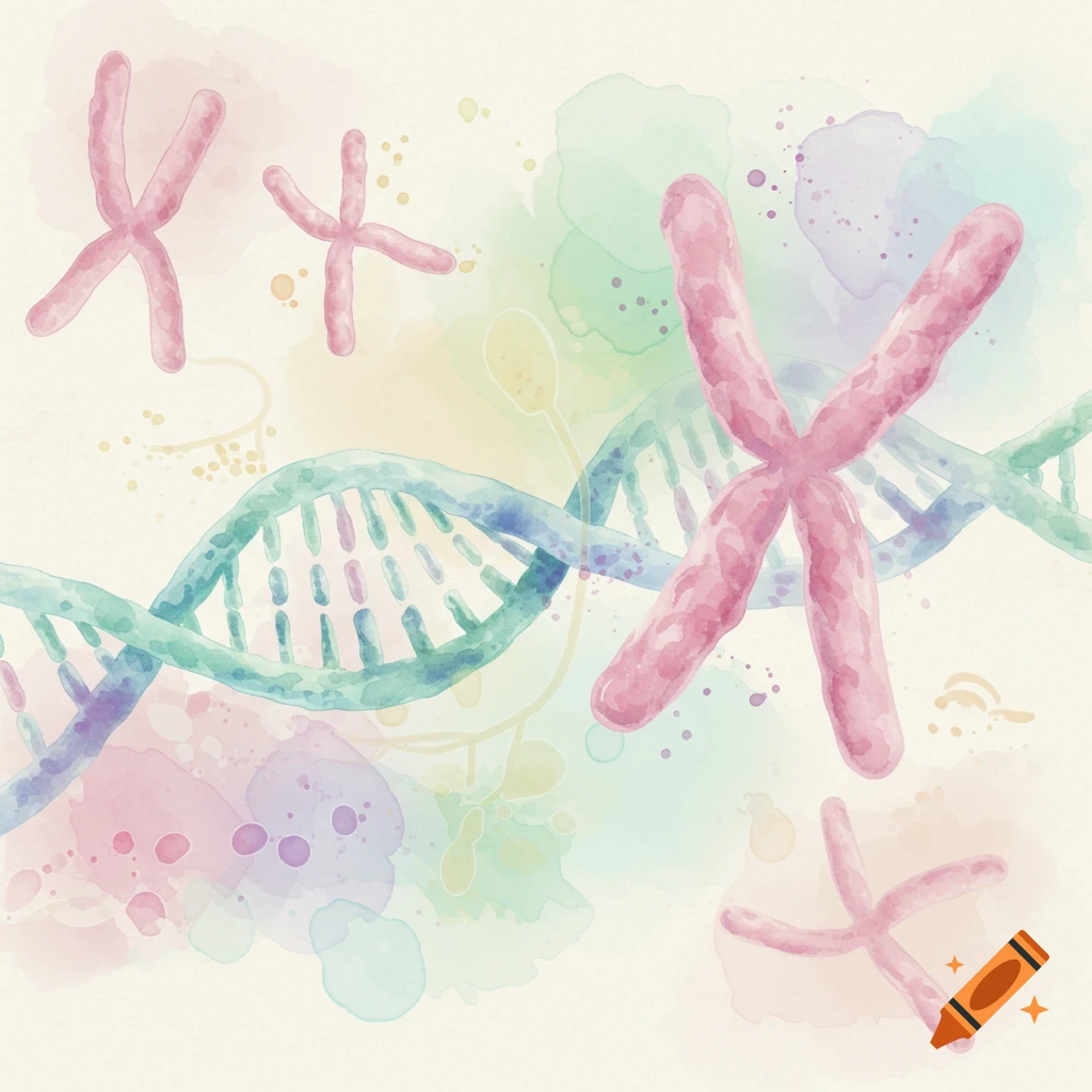 Watercolor illustration of DNA double helix strands and pink X-shaped chromosomes on a pastel background.