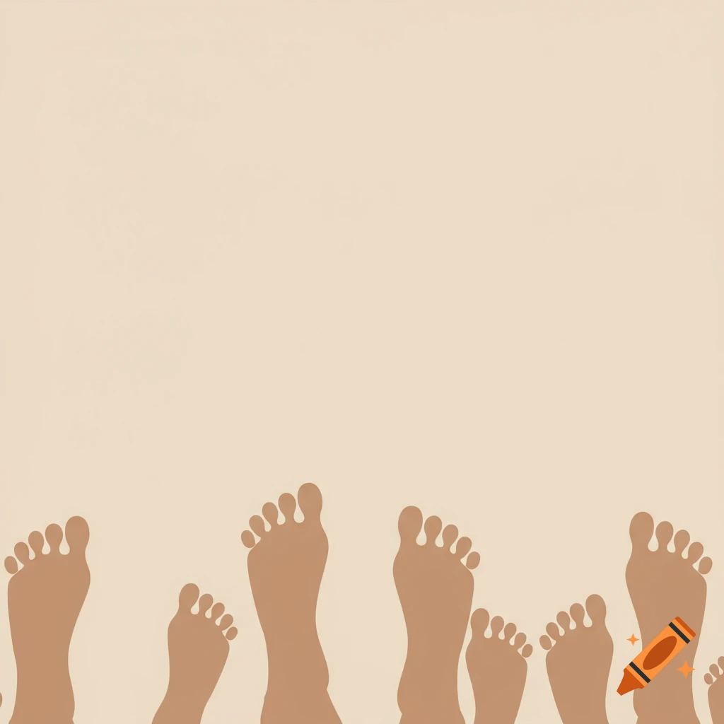 A beige background with brown barefoot footprints of various sizes along the bottom edge.