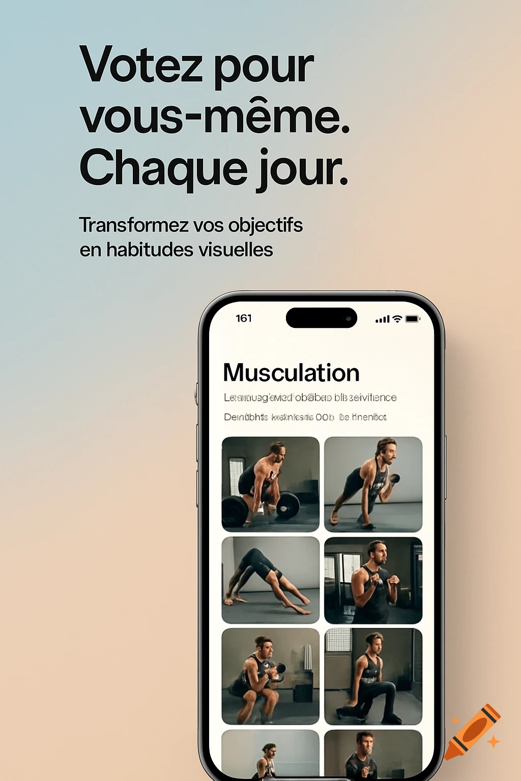A stylized image featuring an iPhone 15 Pro mockup against a soft gradient background. The phone displays a fitness app with the title "Musculation" and a grid of men performing various exercises. Text above reads "Votez pour vous-même. Chaque jour. Transformez vos objectifs en habitudes visuelles".