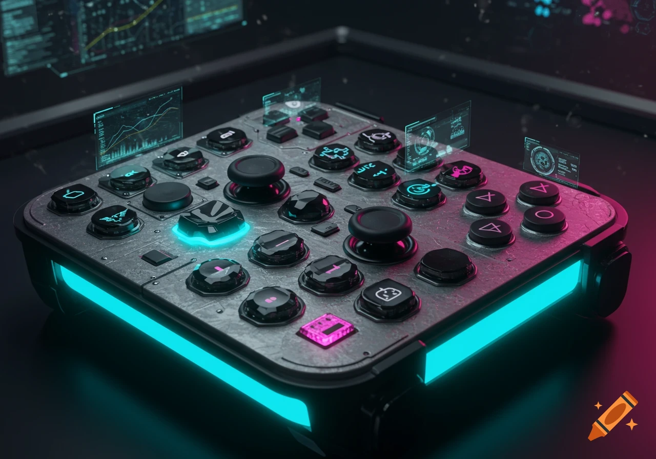 A detailed futuristic video game controller with many buttons, joysticks, and glowing neon lights in blue and pink, with holographic displays.