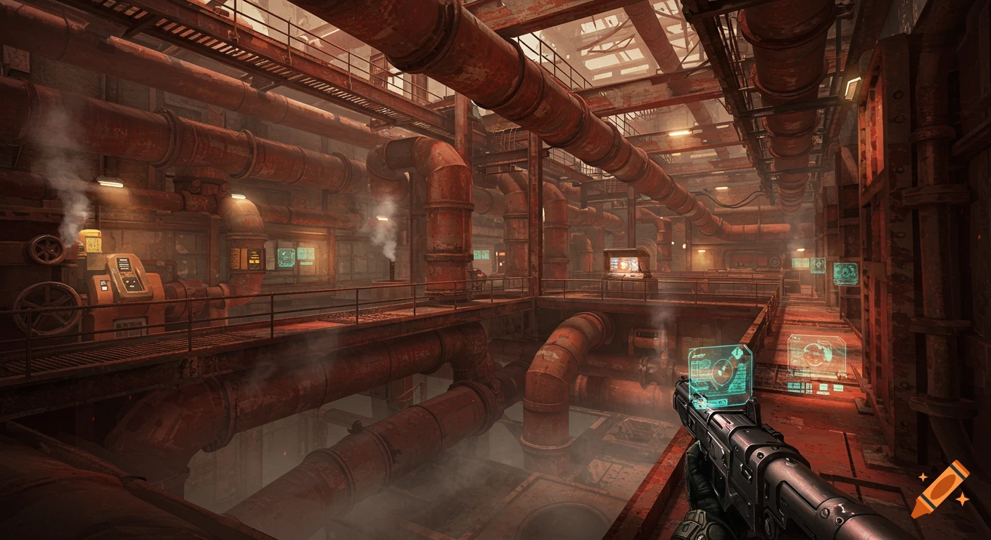 First-person view in a gritty, industrial sci-fi game arena, navigating a labyrinth of rusty red pipes and catwalks, holding a futuristic gun.