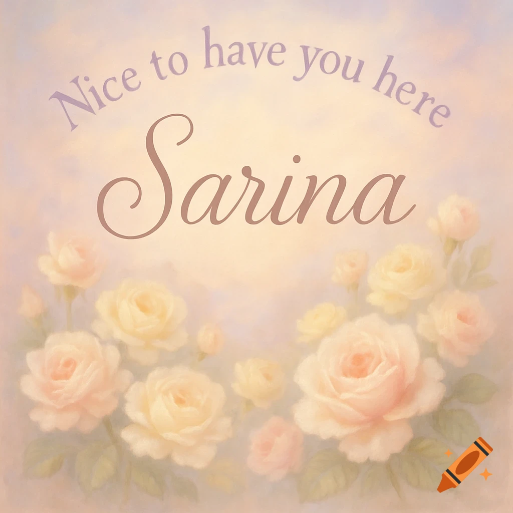 A soft pastel image with text "Nice to have you here Sarina" above a bed of pink and yellow roses.