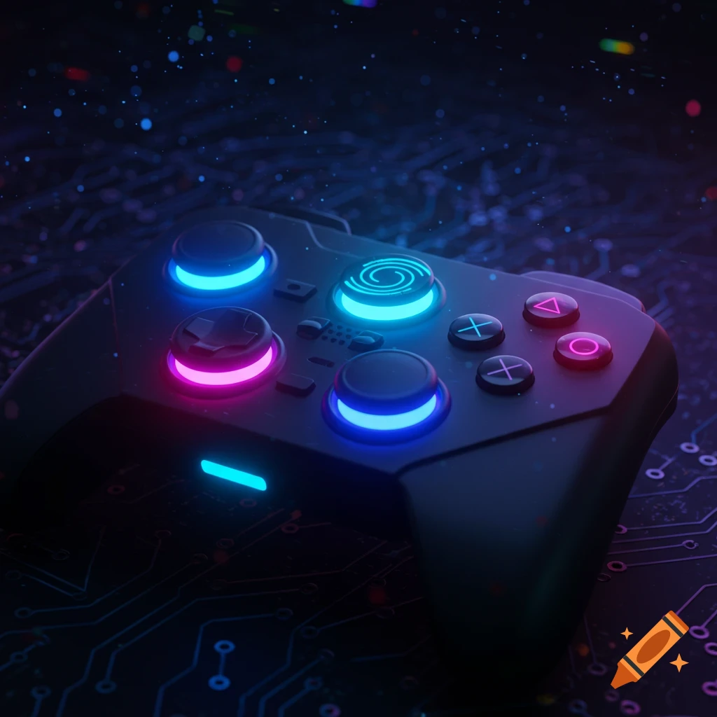 Dark video game controller with glowing neon pink and blue buttons on a circuit board background with bokeh lights.