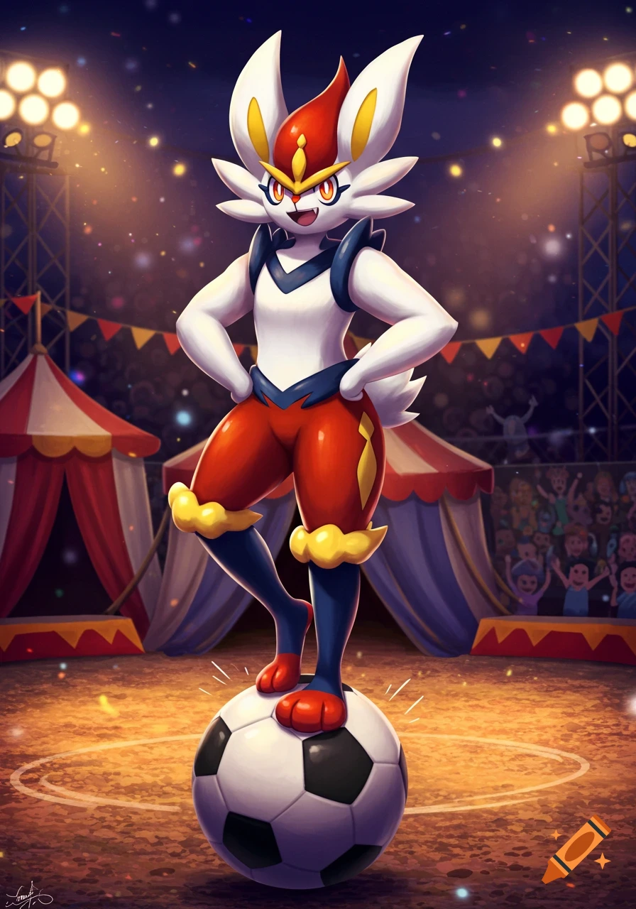 Cinderace, a white, red, and navy rabbit-like Pokemon, balances on a soccer ball in a vibrant circus arena with spotlights and a cheering crowd.