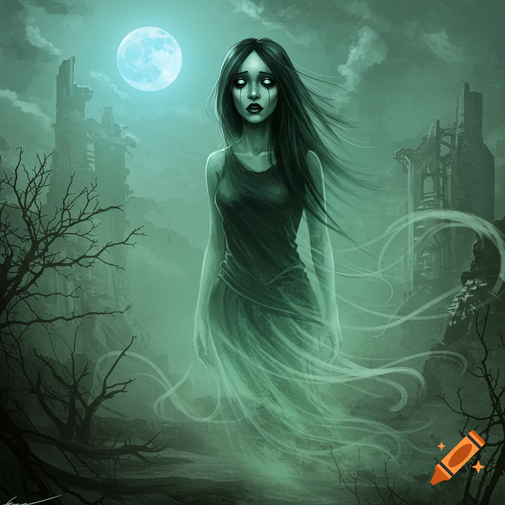 A pale, long-haired ghost woman with dark tears stands in a ruined, fog-shrouded landscape under a bright full moon, digital art.