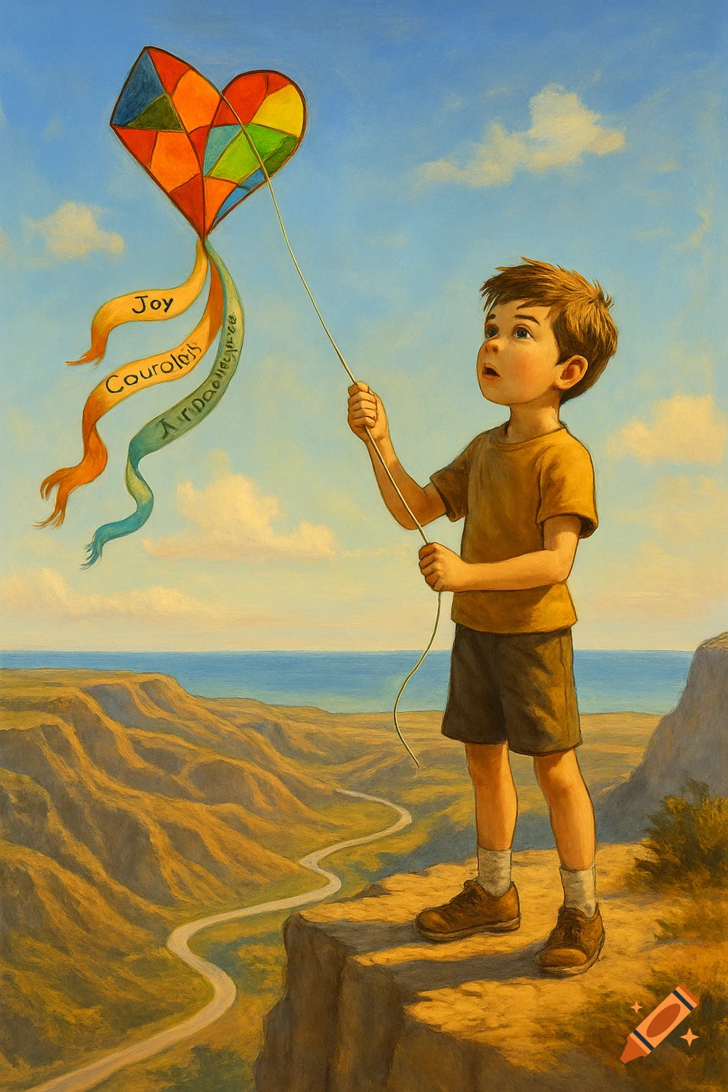 A boy on a cliff flying a heart-shaped kite with "Joy" and "Courage" on its ribbons, overlooking a winding road and ocean.