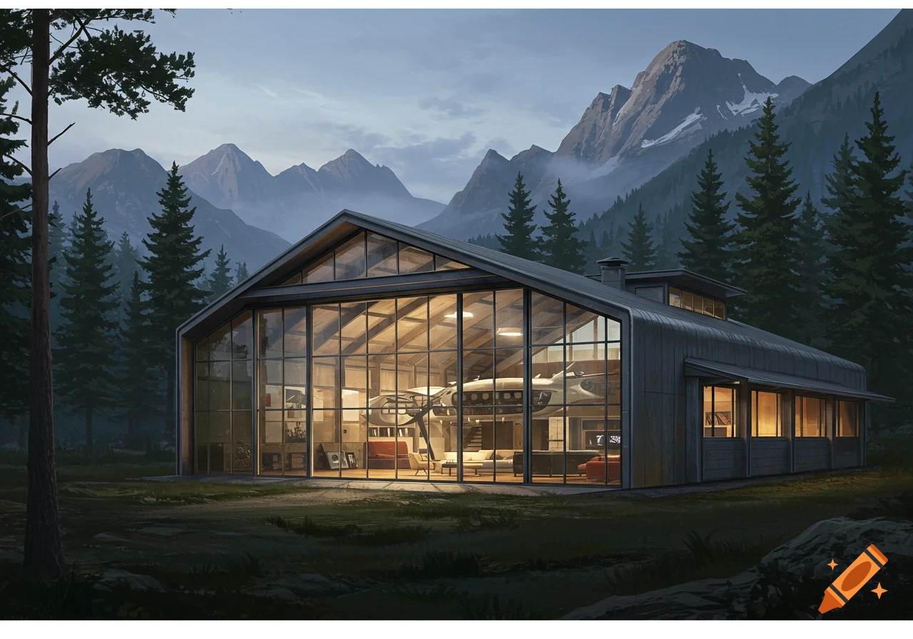 A modern glass and steel house resembling an airplane hangar, nestled in a mountain forest at dusk.