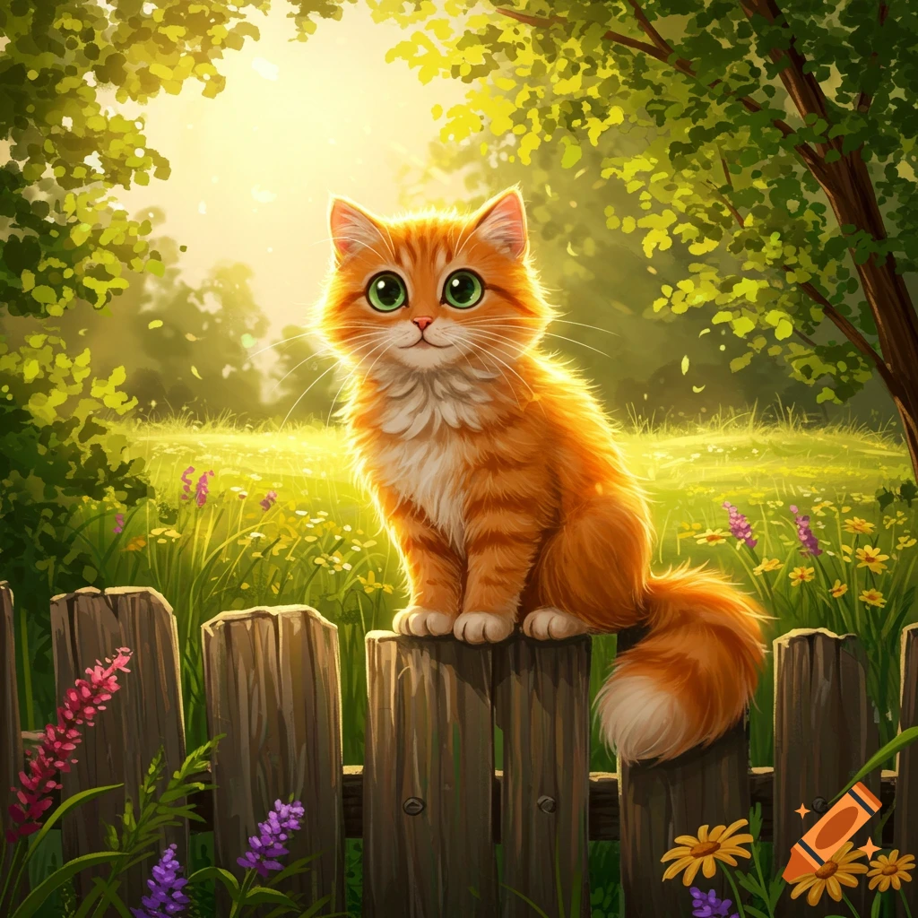 A cute, fluffy orange cat with big green eyes sits on a wooden fence in a sunny, vibrant field with trees and flowers.