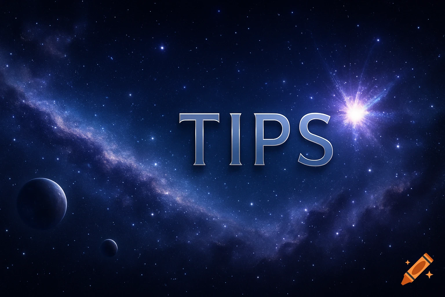 The word 'TIPS' in metallic blue letters against a dark blue cosmic background with stars, a galaxy, and planets.