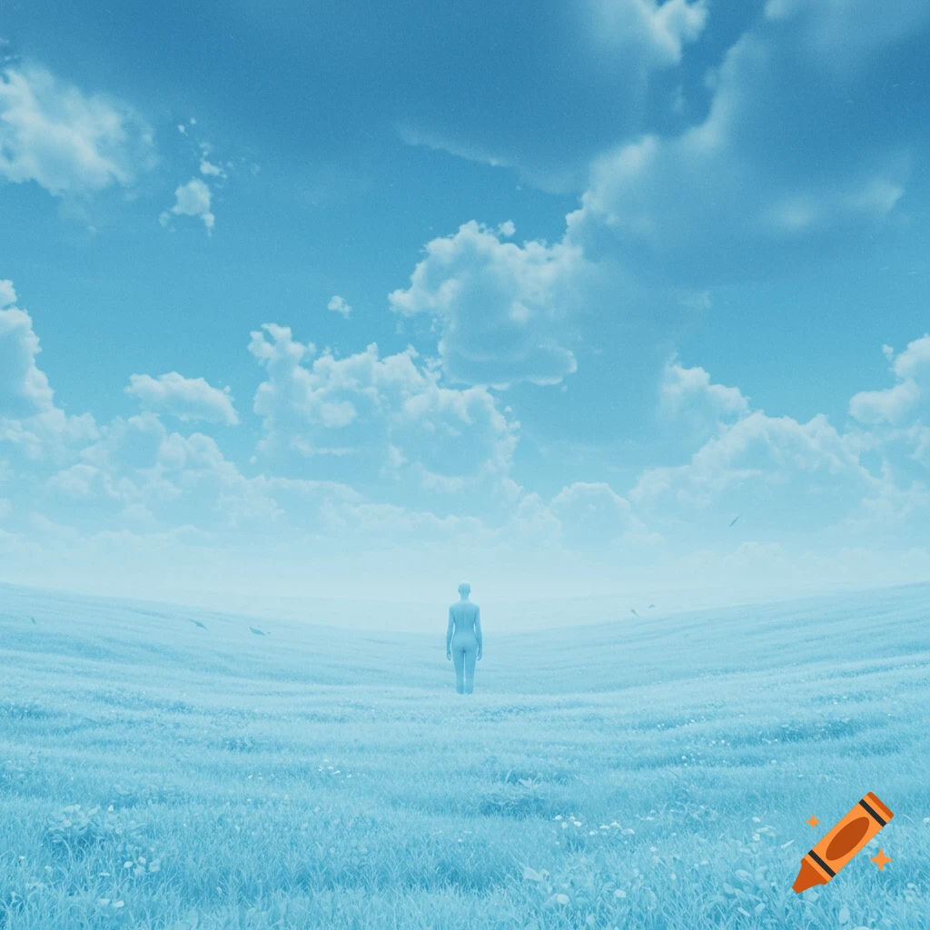 A lone, ethereal figure stands in a vast, hazy light blue field under a cloudy sky.