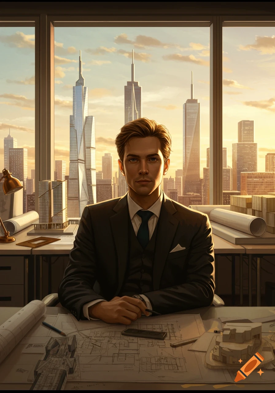 A man in a suit sits at a desk with blueprints, overlooking a city skyline at sunset.