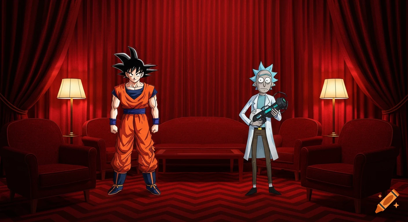Goku and Rick Sanchez stand in the red-curtained Twin Peaks Red Room with chairs and lamps.