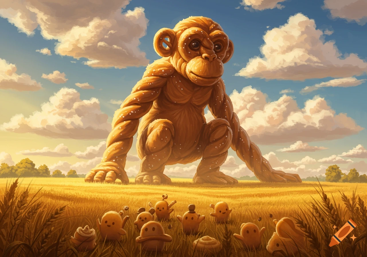 A giant pretzel monkey crouches in a golden wheat field under a cloudy sky, looking at small, cute bread creatures. Illustrated.
