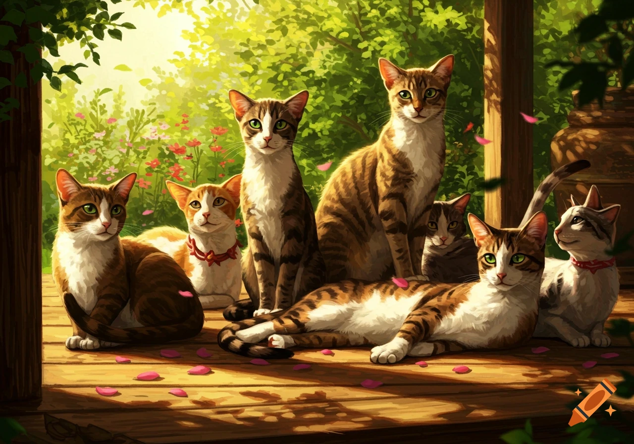 Seven diverse cats lounge and sit on a sunlit wooden deck amidst green foliage and fallen pink petals, in a vibrant illustration.