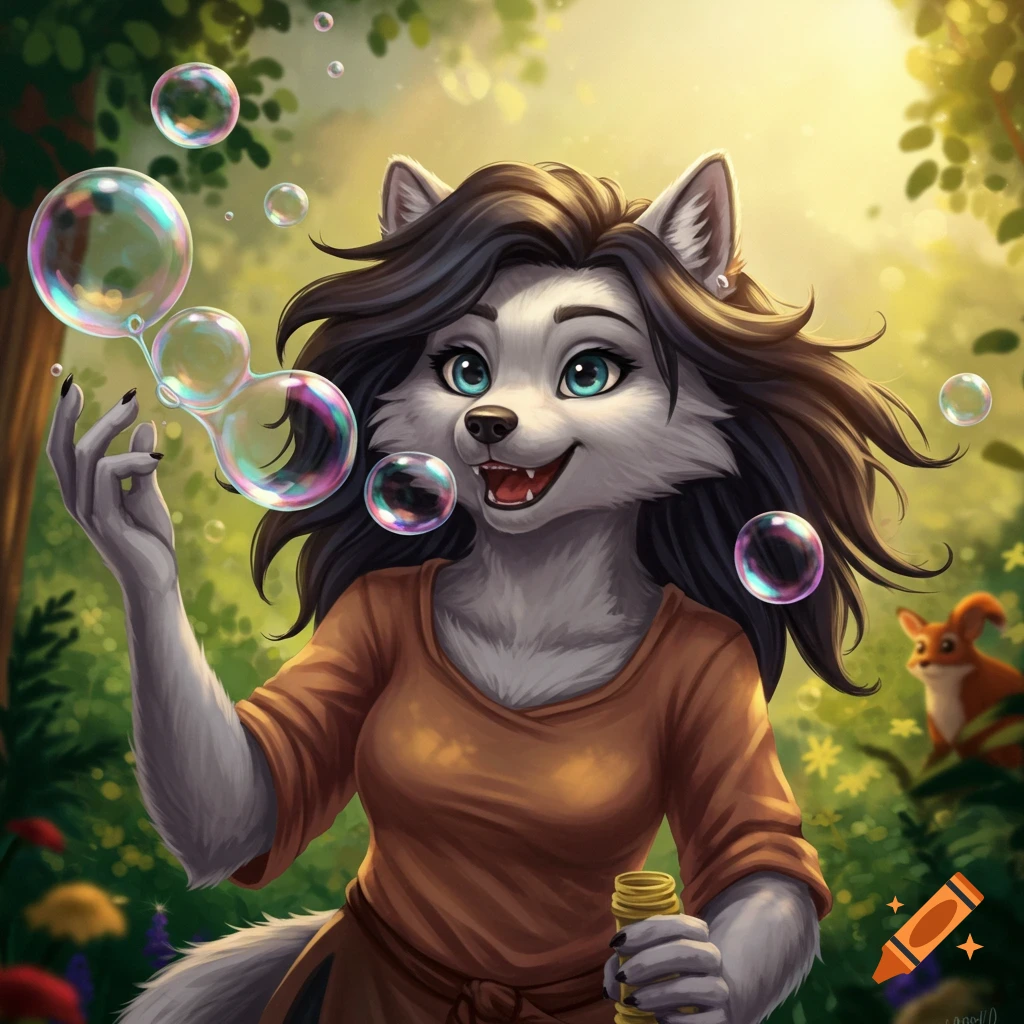 An anthropomorphic wolf woman with dark hair blows colorful bubbles in a sunlit forest, with a squirrel watching.