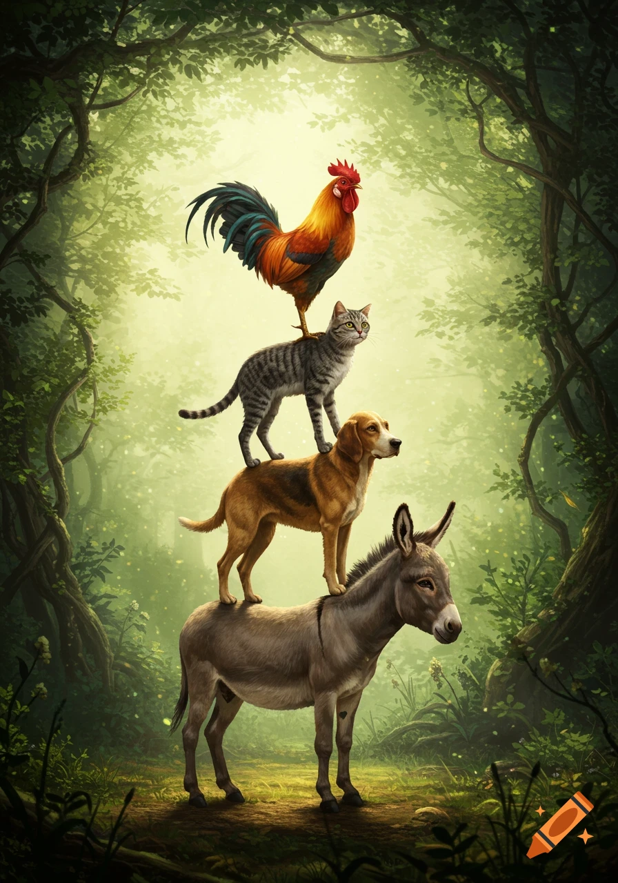 A donkey, dog, cat, and rooster stacked on each other in a magical forest, representing the Bremen Town Musicians.