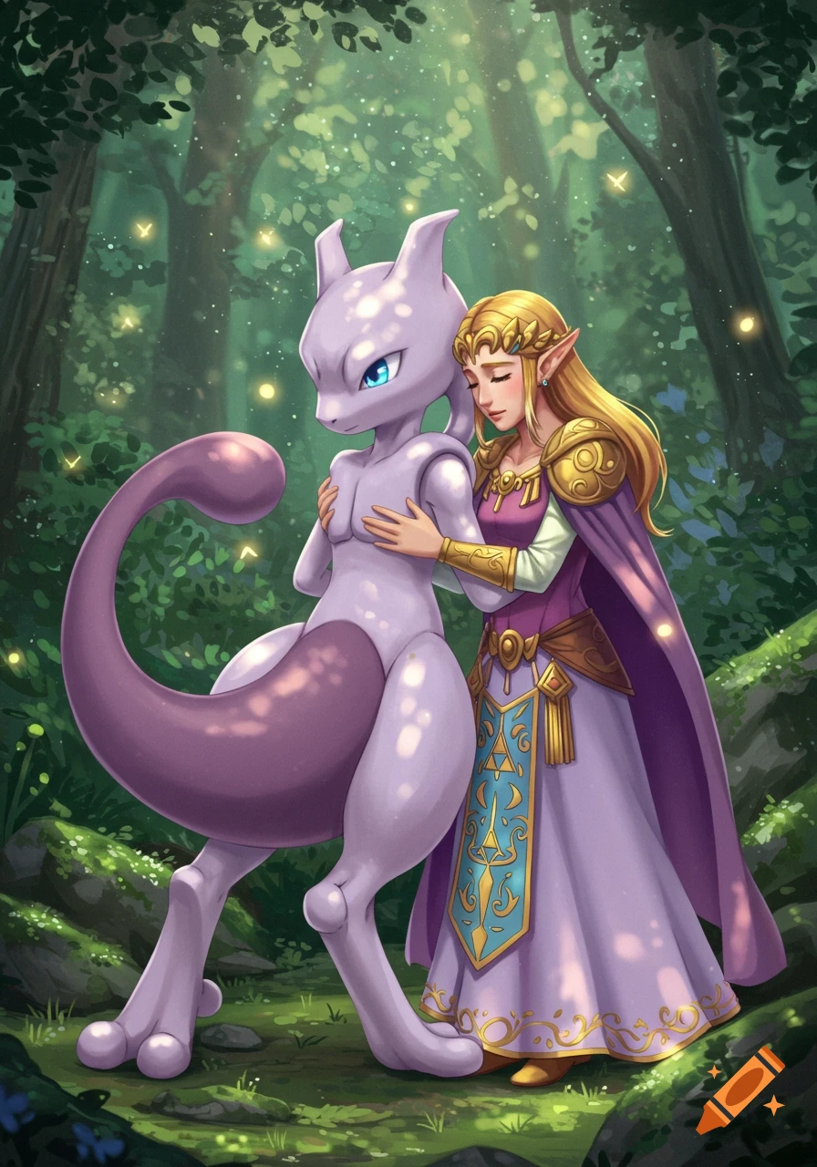 Princess Zelda hugging Mewtwo in a mystical forest, digital illustration.