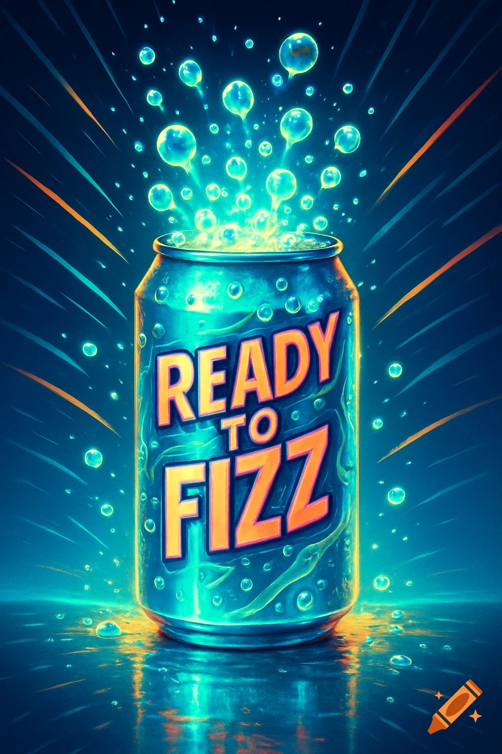 A vibrant, glowing blue soda can labeled 'READY TO FIZZ' with effervescent bubbles bursting from the top.