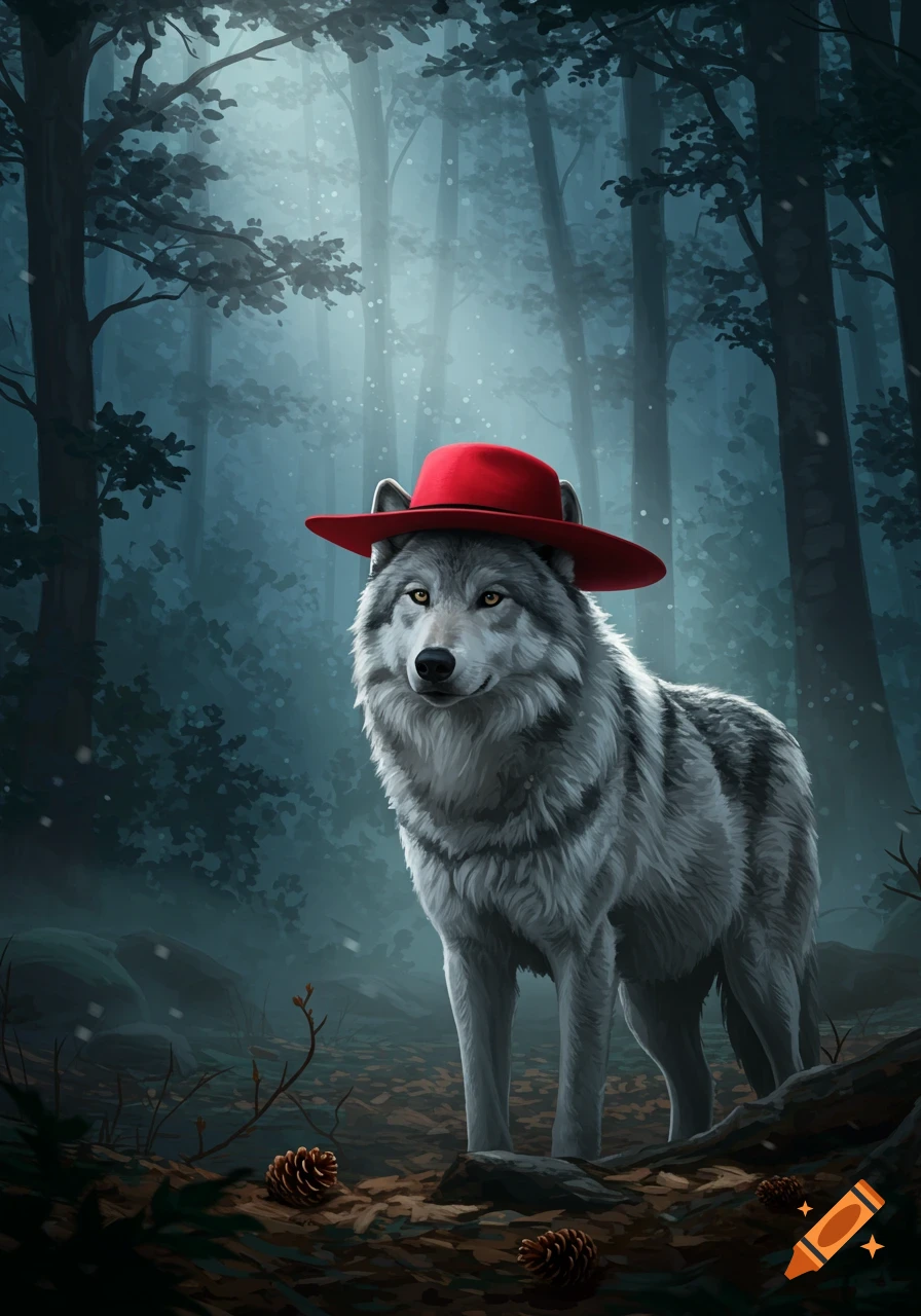 A majestic grey wolf wearing a red hat stands in a misty, dark forest with pinecones on the ground.