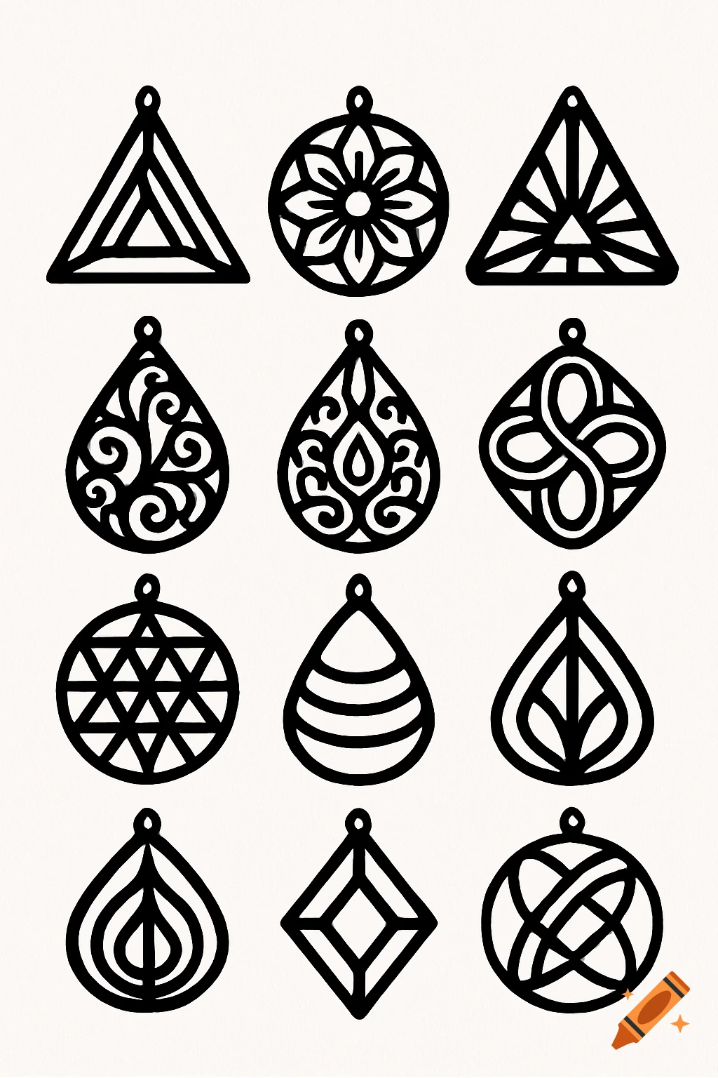 A grid of twelve black and white outline designs for laser-cut earrings, featuring geometric and ornate patterns.