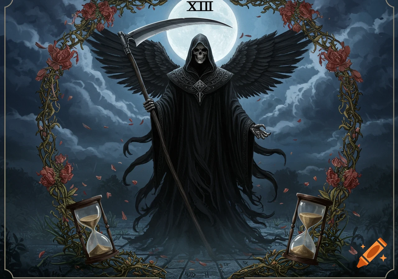 A winged Grim Reaper with a scythe under a full moon, framed by thorny roses and hourglasses, with XIII at top, in a dark fantasy style.