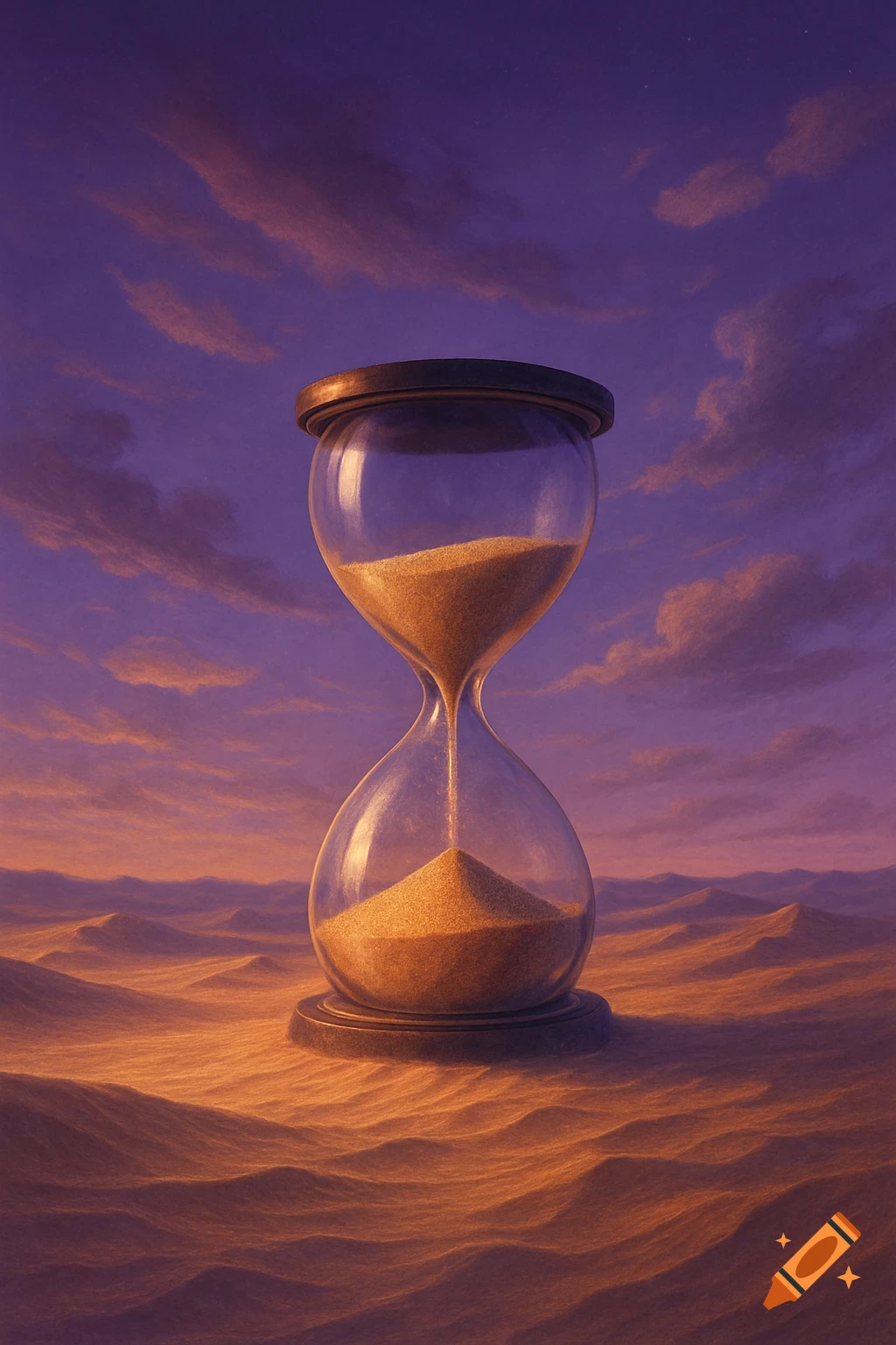 An hourglass stands in a vast desert landscape under a dramatic purple and orange sunset sky. Sand flows through the glass.