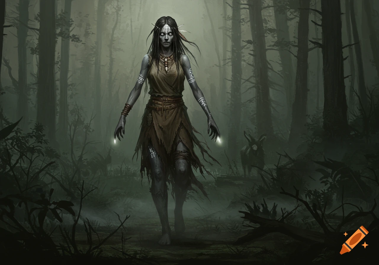 A dark-skinned, white-eyed spirit woman with tribal markings and glowing hands stands in a misty, dark forest.