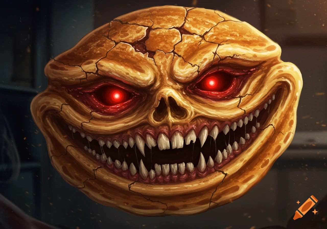 A terrifying, cracked pancake monster with glowing red eyes and sharp fangs smiles menacingly.