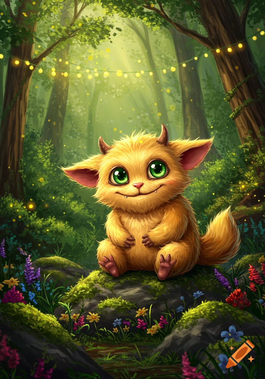 A cute, fluffy, yellow creature with big green eyes and small horns sits on a mossy rock in a magical, glowing forest.