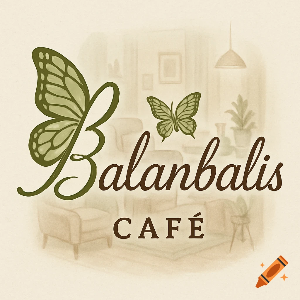 A logo for Balanbalis CAFÉ with a green butterfly wing forming the letter B and another butterfly, over a soft watercolor cafe background.