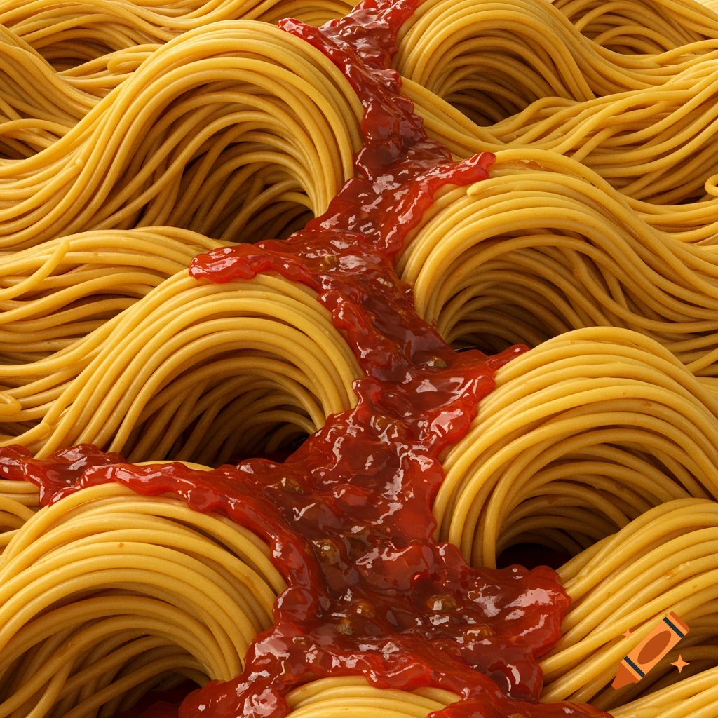 Photorealistic close-up of wavy spaghetti with flowing red tomato sauce, resembling an intricate, edible landscape.