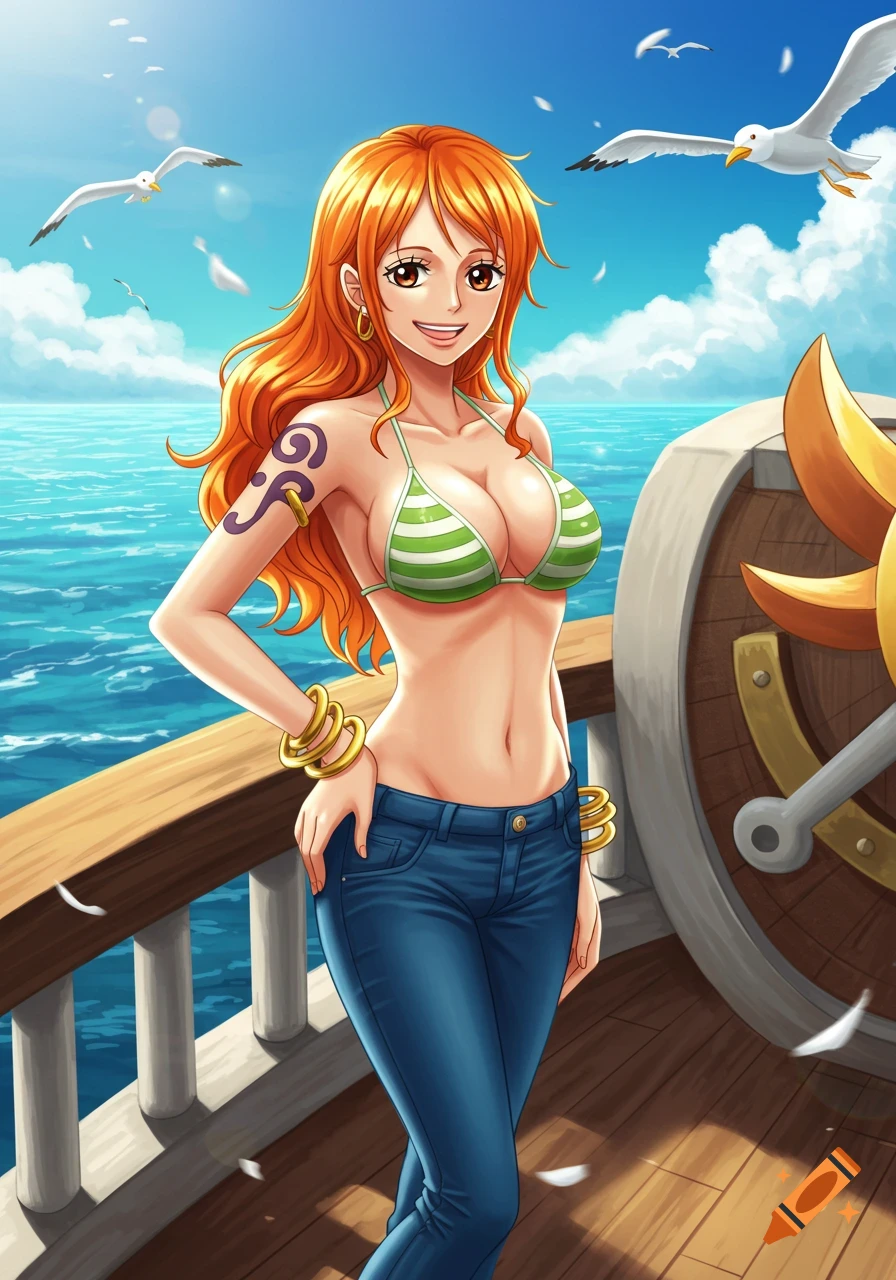 Anime character Nami in a green and white bikini top and blue jeans, smiling on a ship deck with the ocean and seagulls in the background.