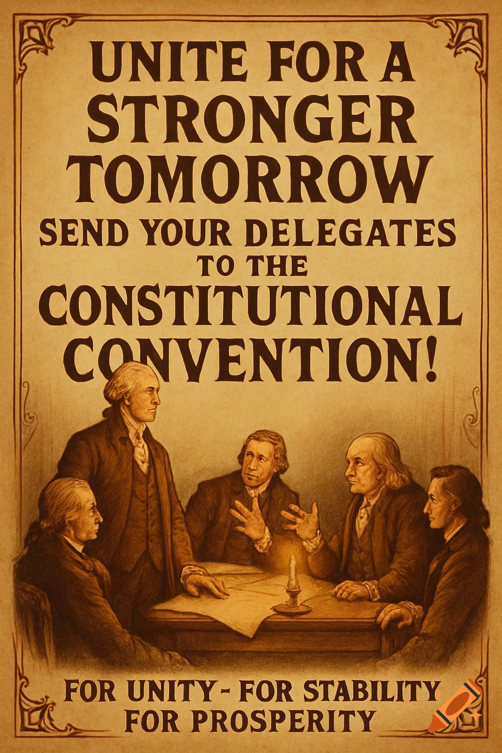 Vintage-style propaganda poster for the Constitutional Convention, featuring founding fathers around a table and text about unity.