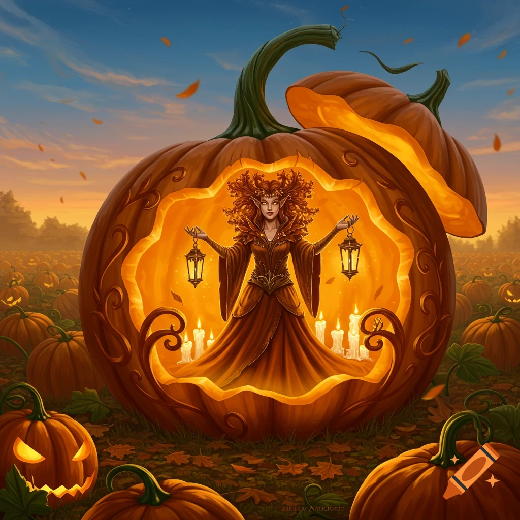 A fantasy woman with elven ears stands inside a glowing carved pumpkin, holding lanterns, surrounded by candles in an autumn pumpkin patch at sunset. Digital painting.