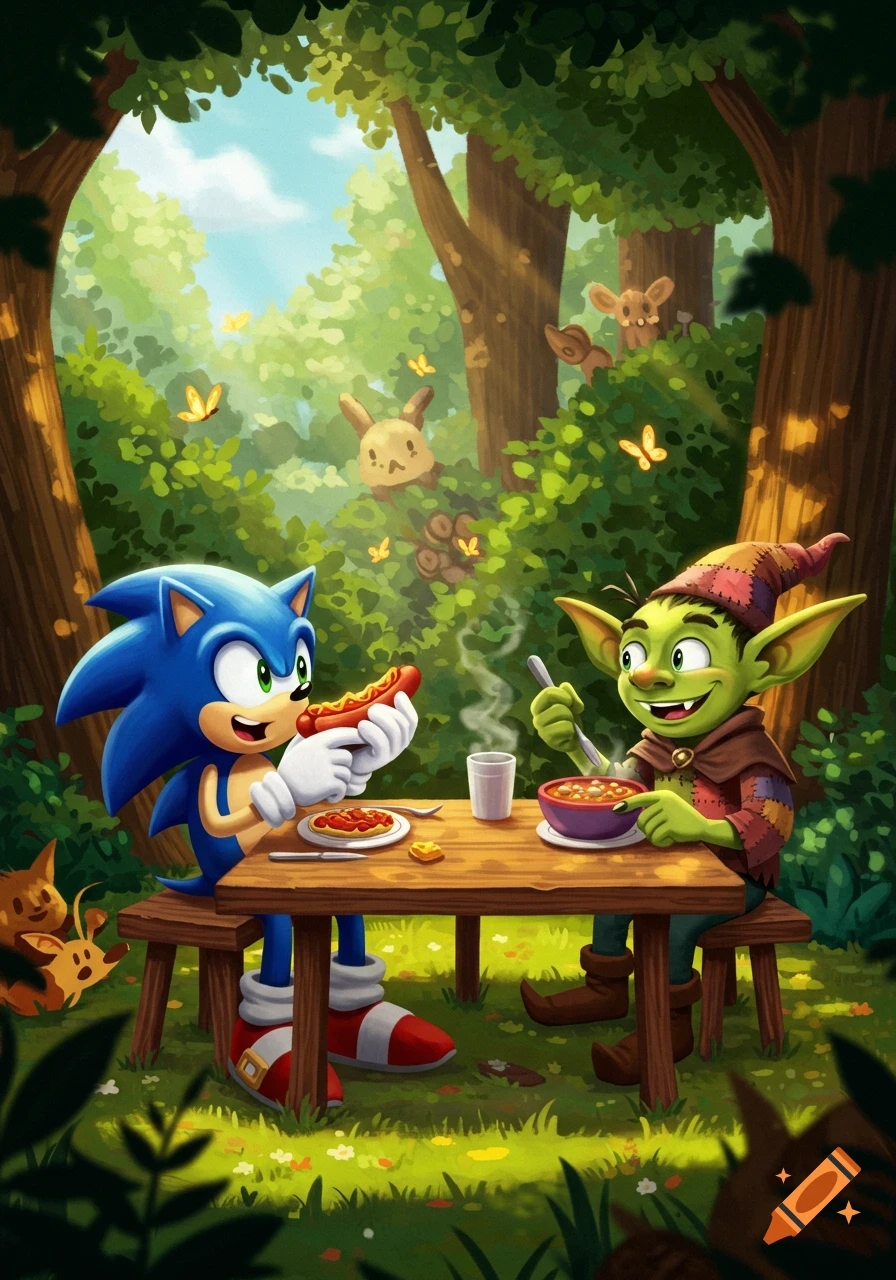 Sonic the Hedgehog and a green goblin enjoy lunch at a wooden table in a sunny, lush forest, with cute forest creatures watching.