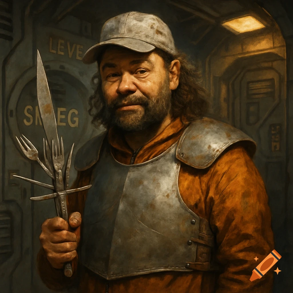 Digital painting of a scruffy man with a beard and baseball cap, wearing rusty armor over an orange jacket, holding a sword made of kitchen utensils, in a grimy spaceship corridor.