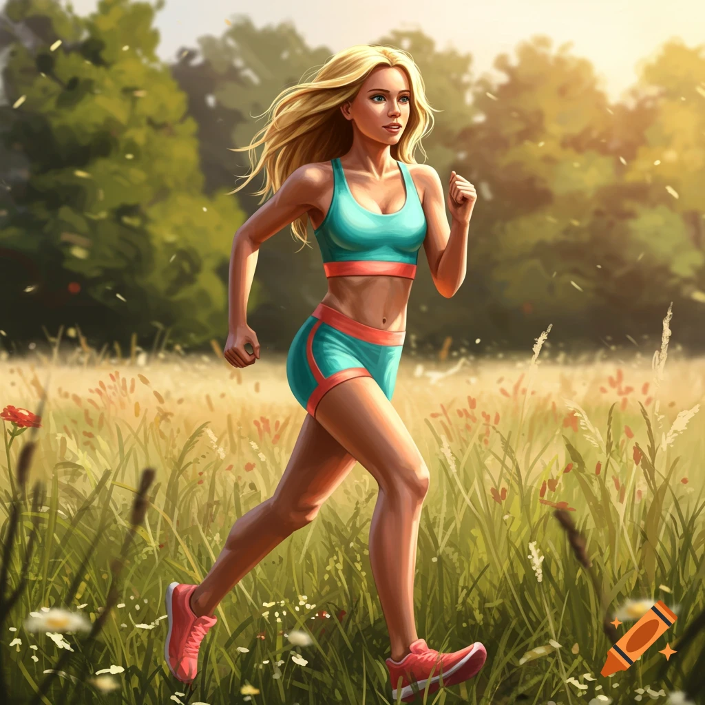 An athletic blonde woman in a teal sports bra and shorts runs through a sunny, grassy field. Digital art style.