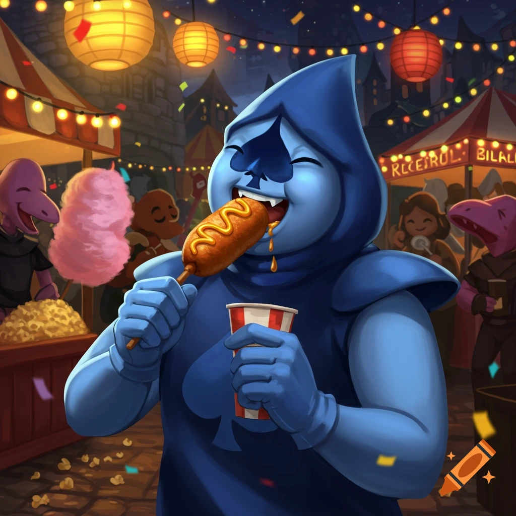 Lancer from Deltarune happily eats a corn dog and holds a cup at a lively night carnival with lanterns and confetti.
