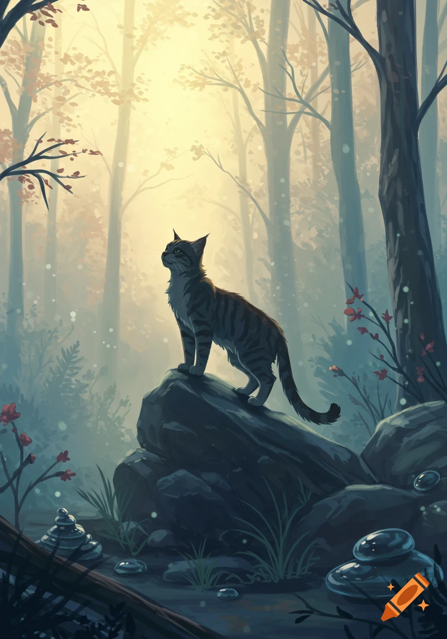 A tabby cat stands on a rock in a misty, illuminated forest, looking up in an illustrative style.