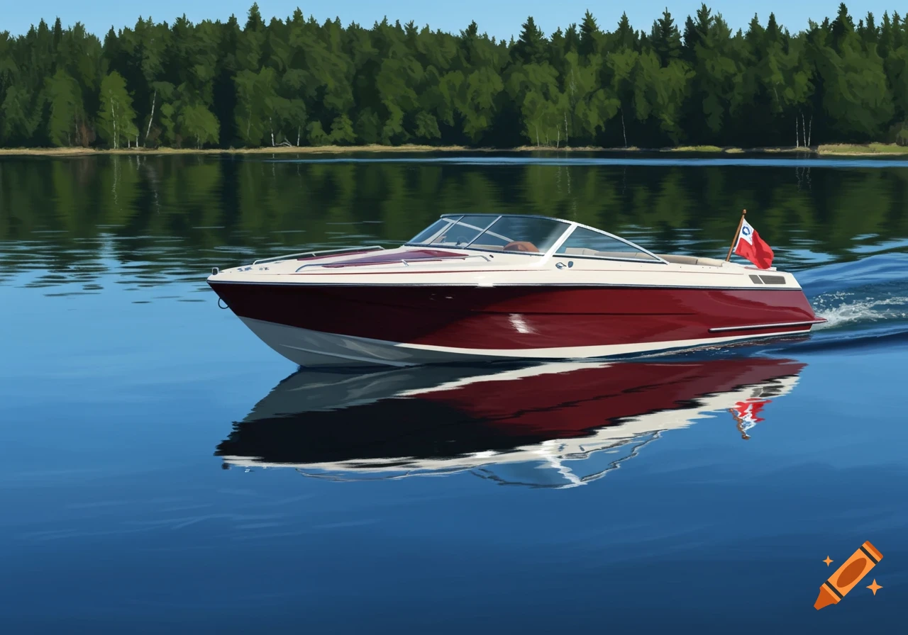 Red and white speed boat on a calm blue lake with a green forest shoreline.