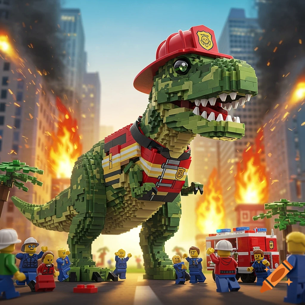A giant Lego T-Rex firefighter stands in a burning city street with Lego minifigures and a fire truck.