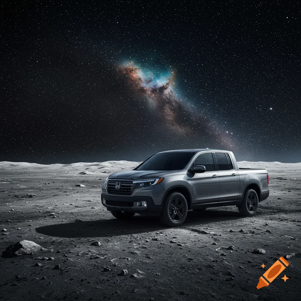 Photorealistic gray Honda Ridgeline truck parked on a desolate moon surface under a starry night sky with a colorful nebula.