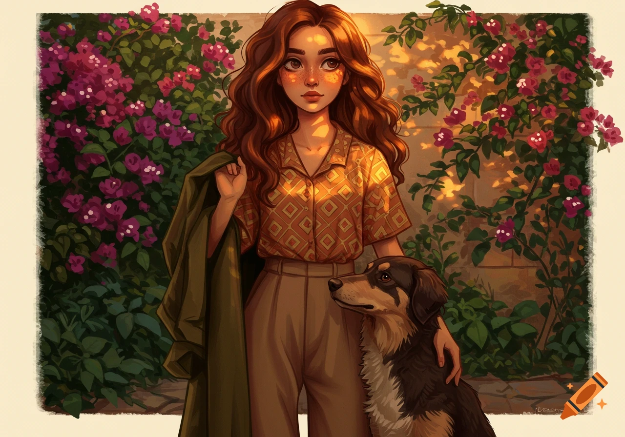 Illustrated woman with wavy brown hair, patterned shirt, and dog, standing in a sunny garden with blooming bougainvillea.