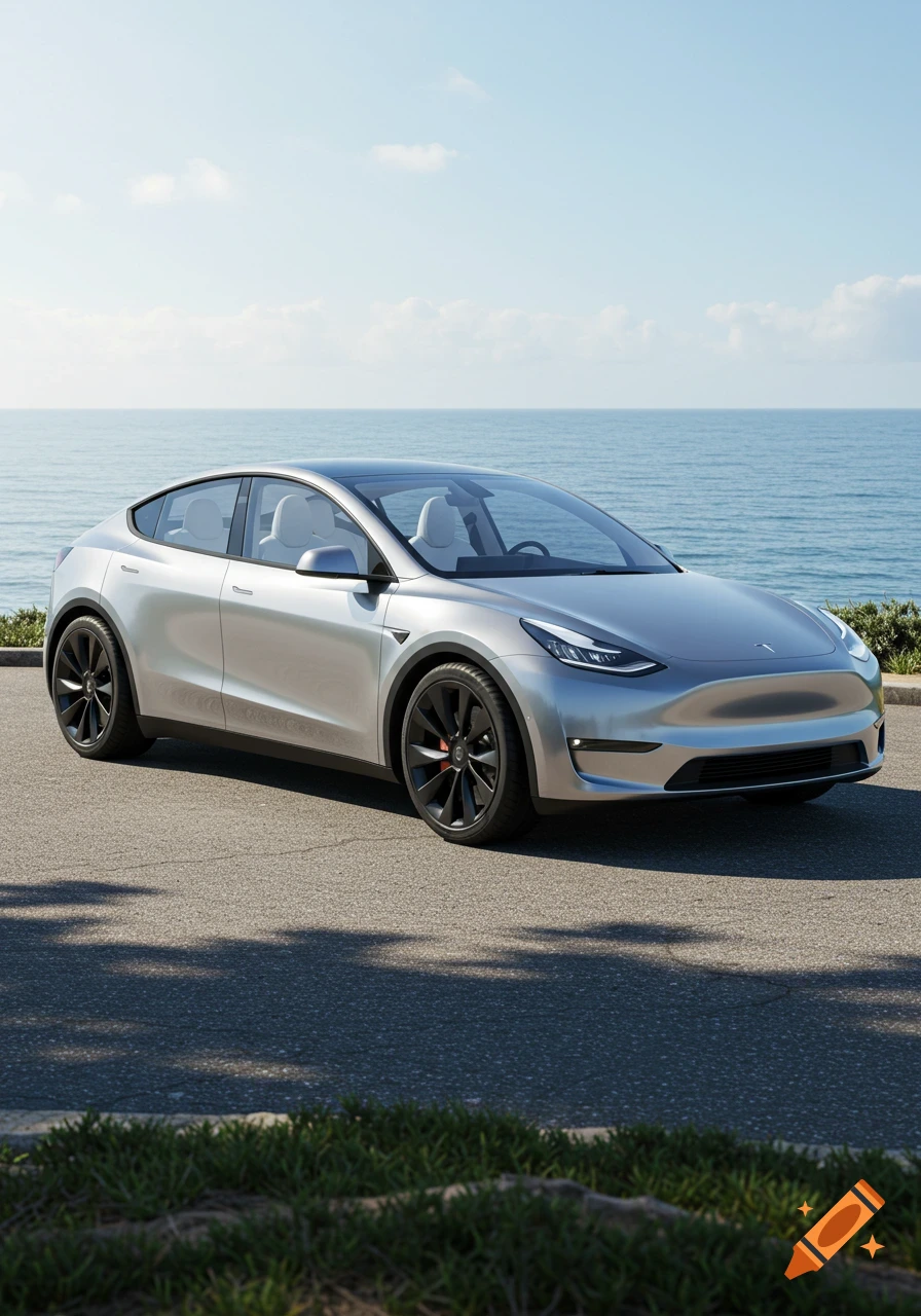 A silver Tesla Model Y parked on a road overlooking the ocean under a clear sky.
