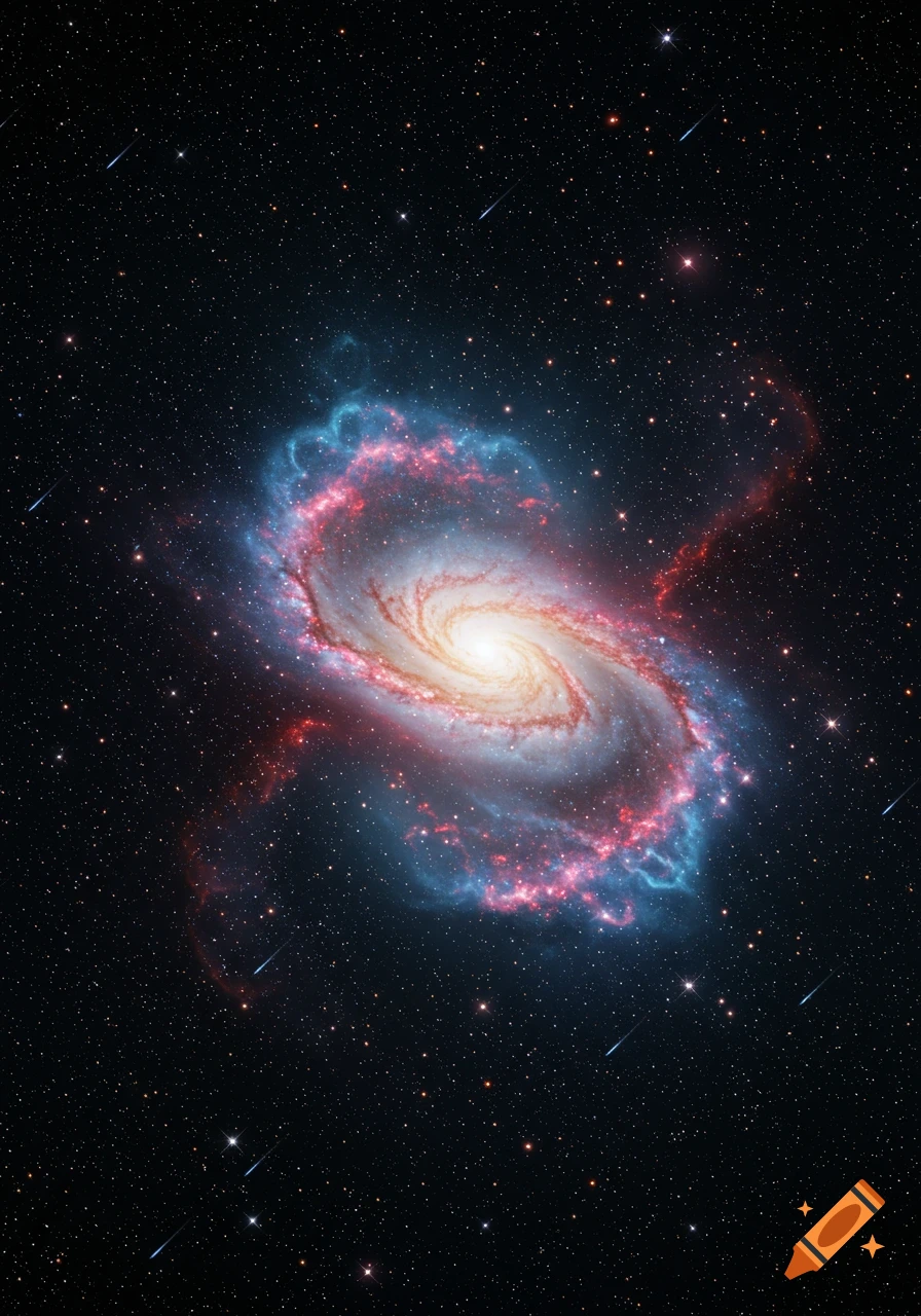 A vibrant spiral galaxy with blue and red nebulae surrounded by countless stars and shooting meteors in the dark universe.