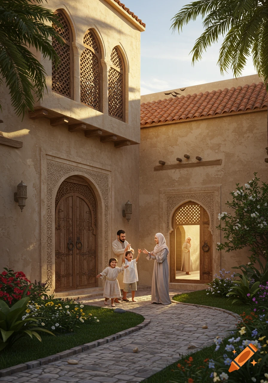 A family with two children plays in the sunny courtyard of a traditional Arabic house with a small garden, photorealistic style.