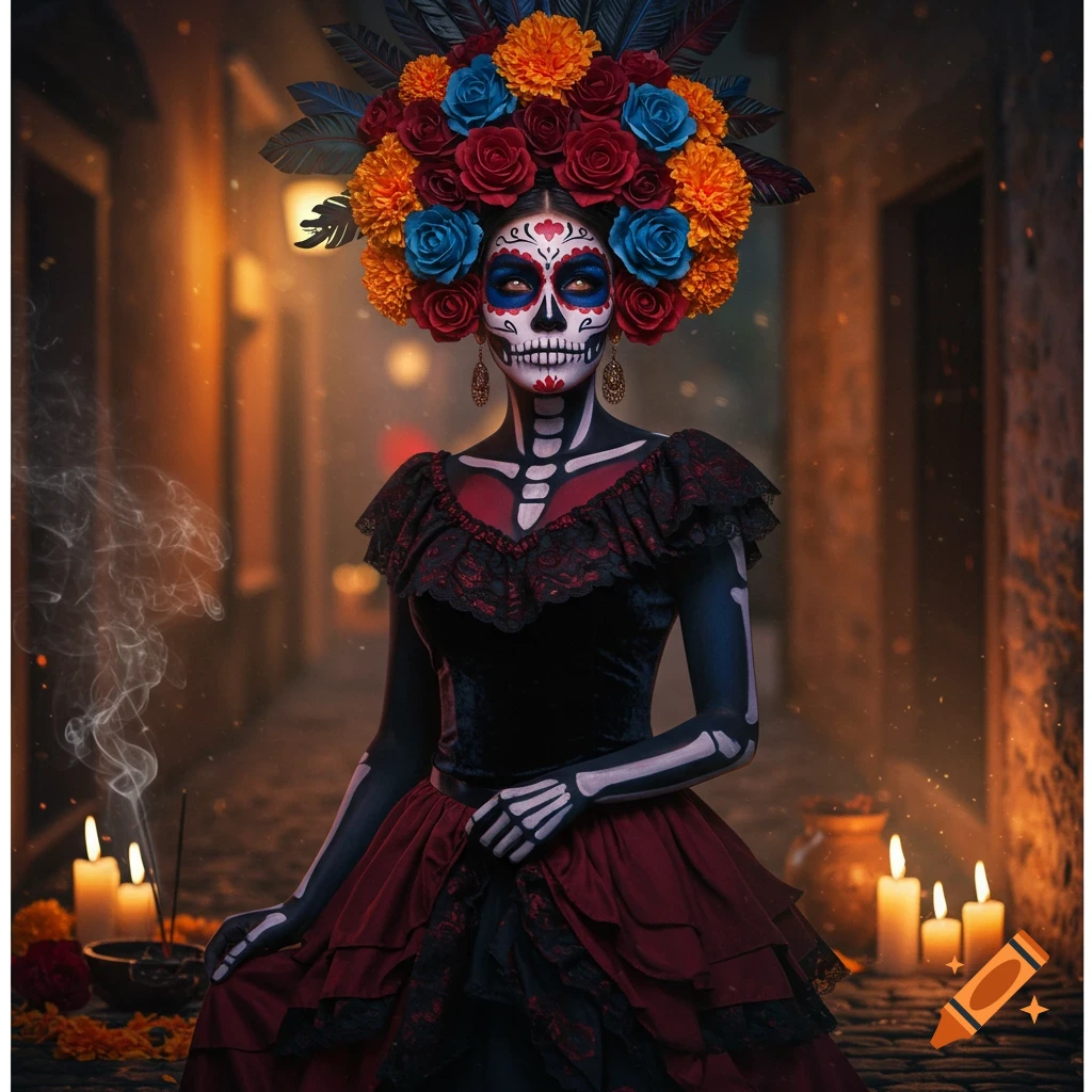 A woman in intricate Catrina skeleton makeup, adorned with a vibrant floral headpiece, stands in a dimly lit alley with candles and smoke.